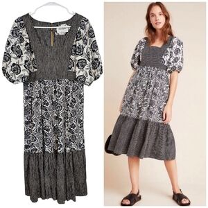 Bloomingprint Anthropologie Floral Adrienne Puff Sleeved Flounced Midi Dress